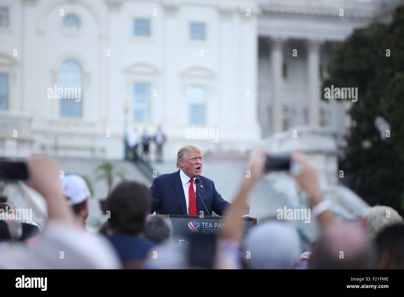 Washington DC, USA. 9th September, 2015. Donald Trump speaks at the Rally Against the Iran Nuclear Deal. Donald Trump Best quote 'so much winning É that you may get bored with winning,', 'I've never seen something so incompetently negotiated,' Credit:  Khamp Sykhammountry/Alamy Live News Stock Photo
