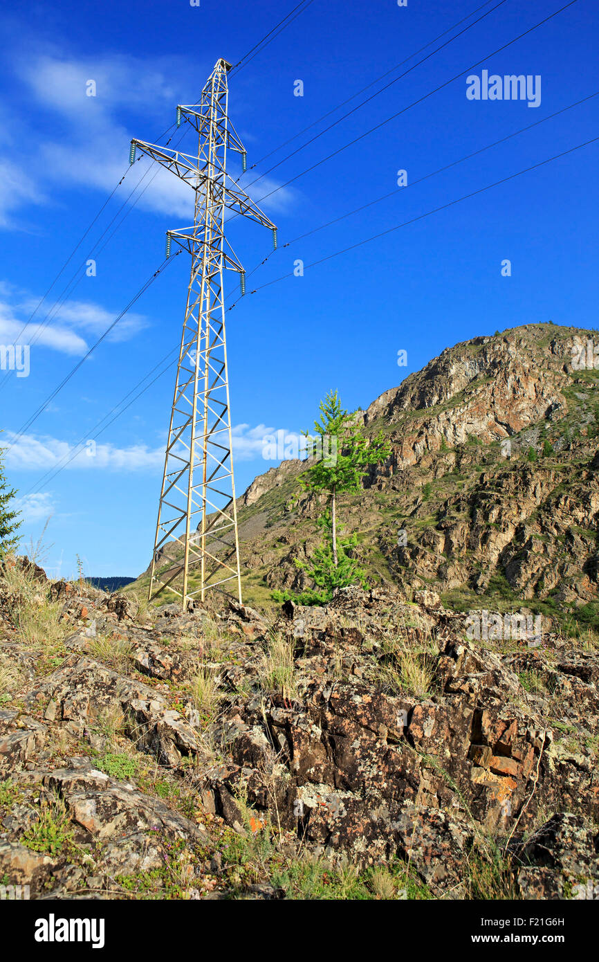 High voltage power lines in Altai Mountains Stock Photo - Alamy