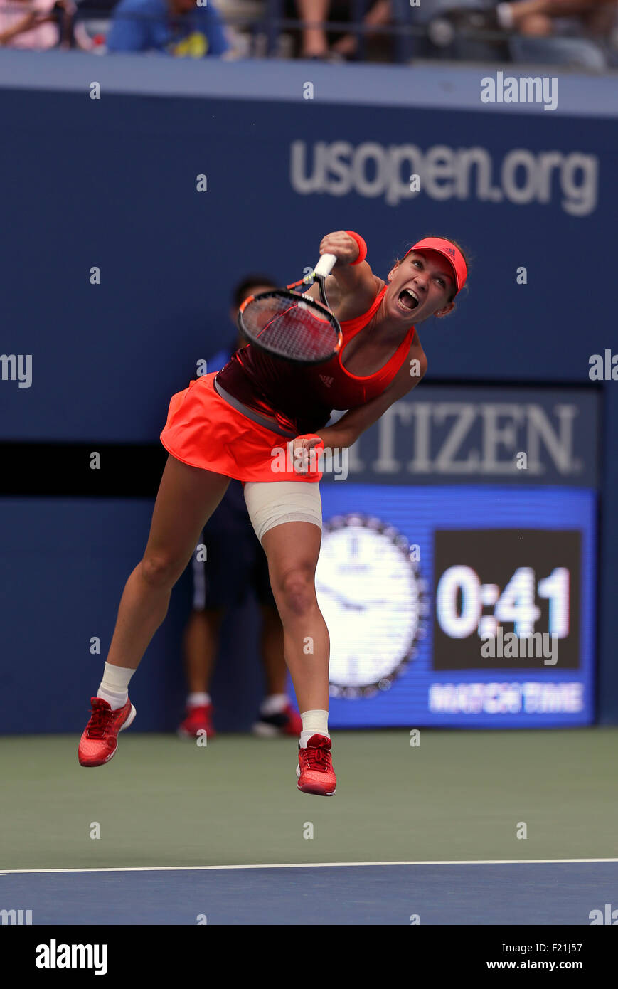 New York, USA. 9th September, 2015. Romania's Simona Halep in action against  Victoria Azaraenka of Belarus during their quarterfinal match at the U.S. Open in Flushing Meadows, New York on the afternoon of September 9th, 2015.  Halep won the match in three sets to advance to the semifinals. Credit:  Adam Stoltman/Alamy Live News Stock Photo