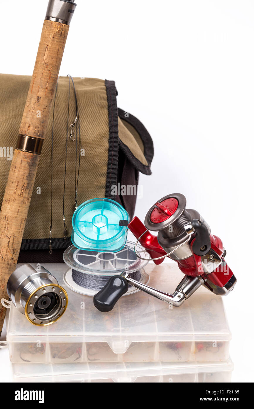 fishing tackles rod, reel, line and lure in box. Prepare fishing journey Stock Photo