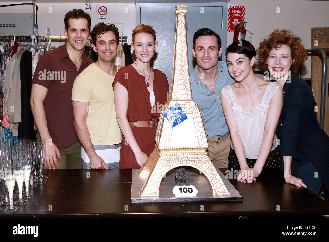 Celebrating the 100th performance of An American In Paris at the Palace Theatre - Backstage.  Featuring: Robert Fairchild, Brandon Uranowitz, Jill Paice, Max von Essen, Leanne Cope, Veanne Cox Where: New York City, New York, United States When: 09 Jul 2015 Stock Photo