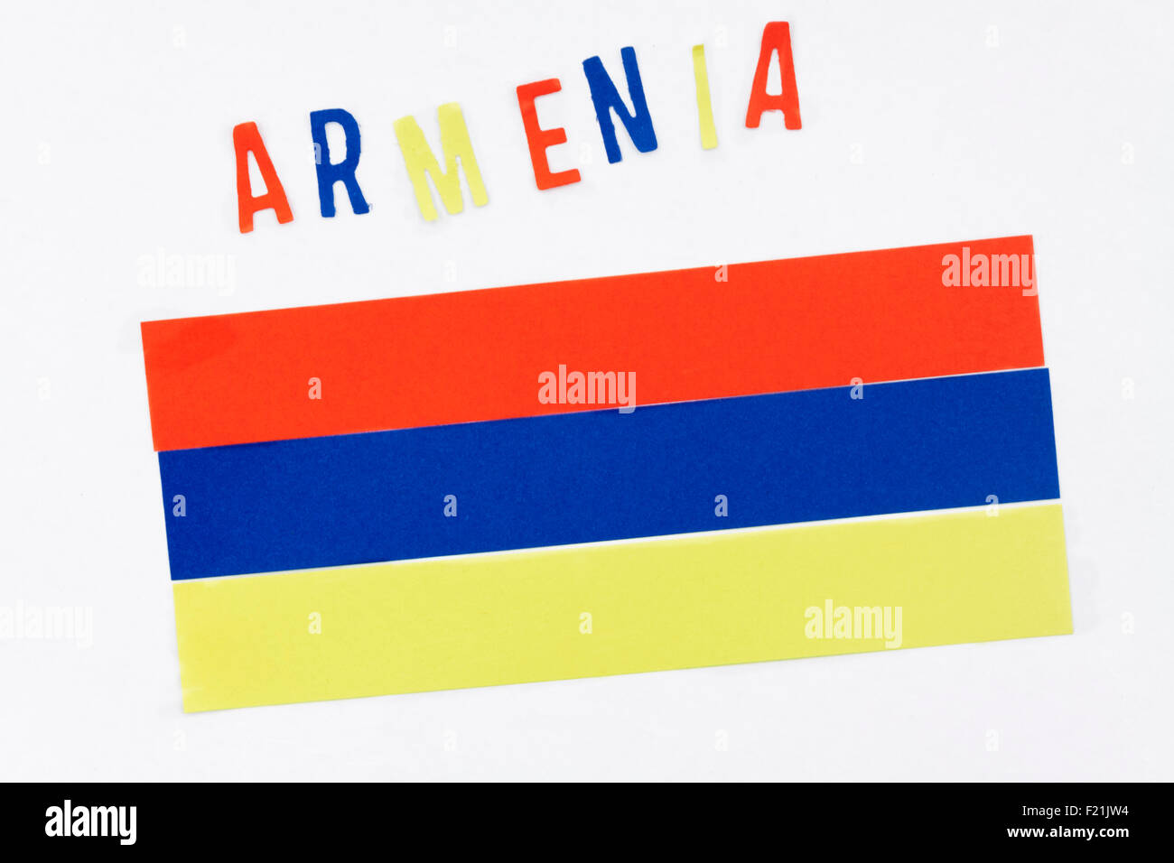 a horizontal view of the Armenia flag with its name Stock Photo