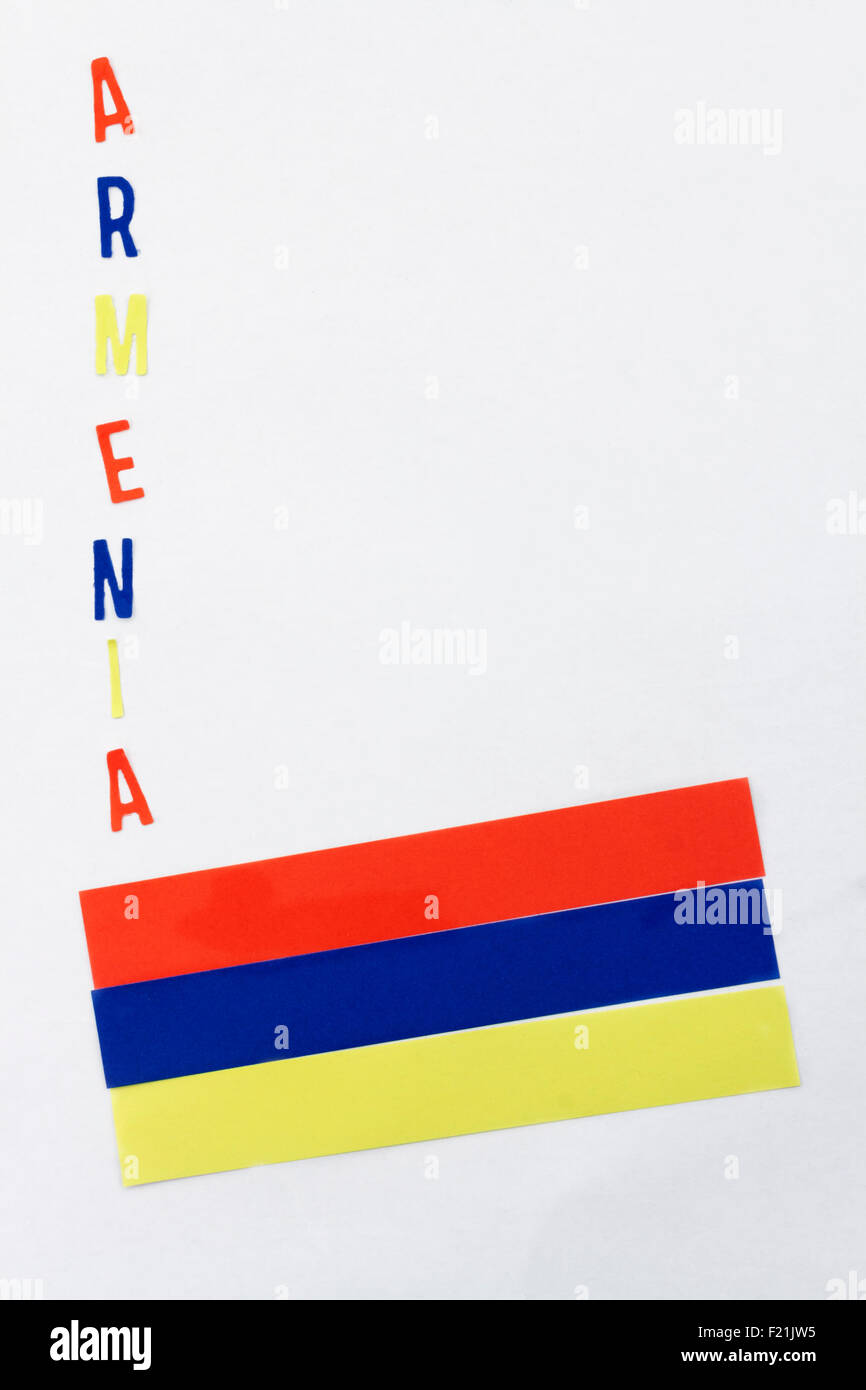 a vertical view of the Armenia flag and the name of the country in colored letters Stock Photo