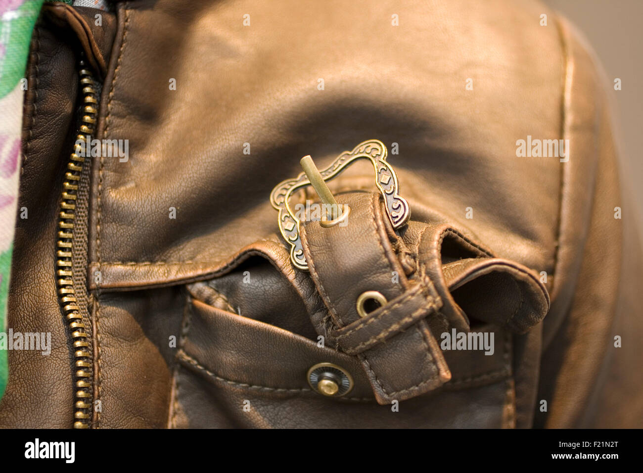 Buckle on a leather jacket Stock Photo Alamy
