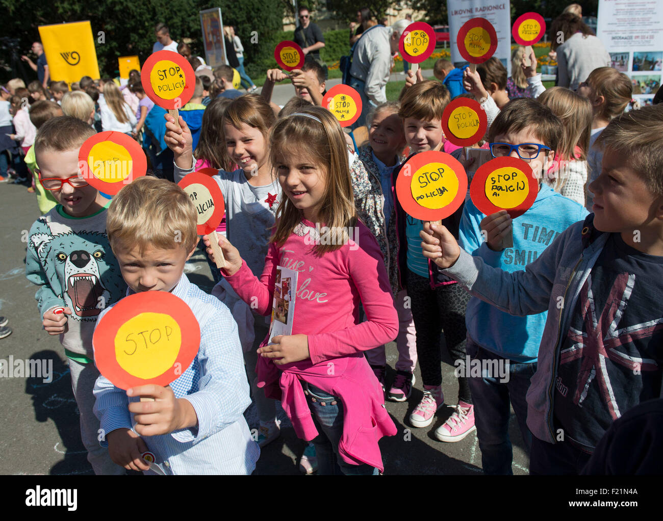 Zagreb, Croatia. 9th Sep, 2015. Kids participate in a traffic safety program event at Marshal Tito Square in Zagreb, capital of Croatia, Sept. 9, 2015. Local authorities and Police Department organized similar events in all major cities around Croatia to communicate important road safety messages to kids and drivers as new school year kicked-off here on Monday. © Miso Lisanin/Xinhua/Alamy Live News Stock Photo