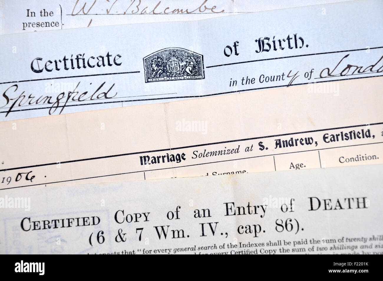 Certificates of Birth, marriage and Death (British) Stock Photo