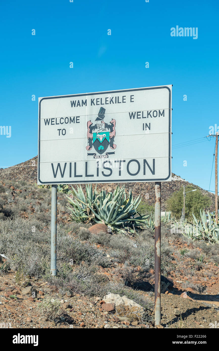 signboard at the entrance to Williston, a small town in the