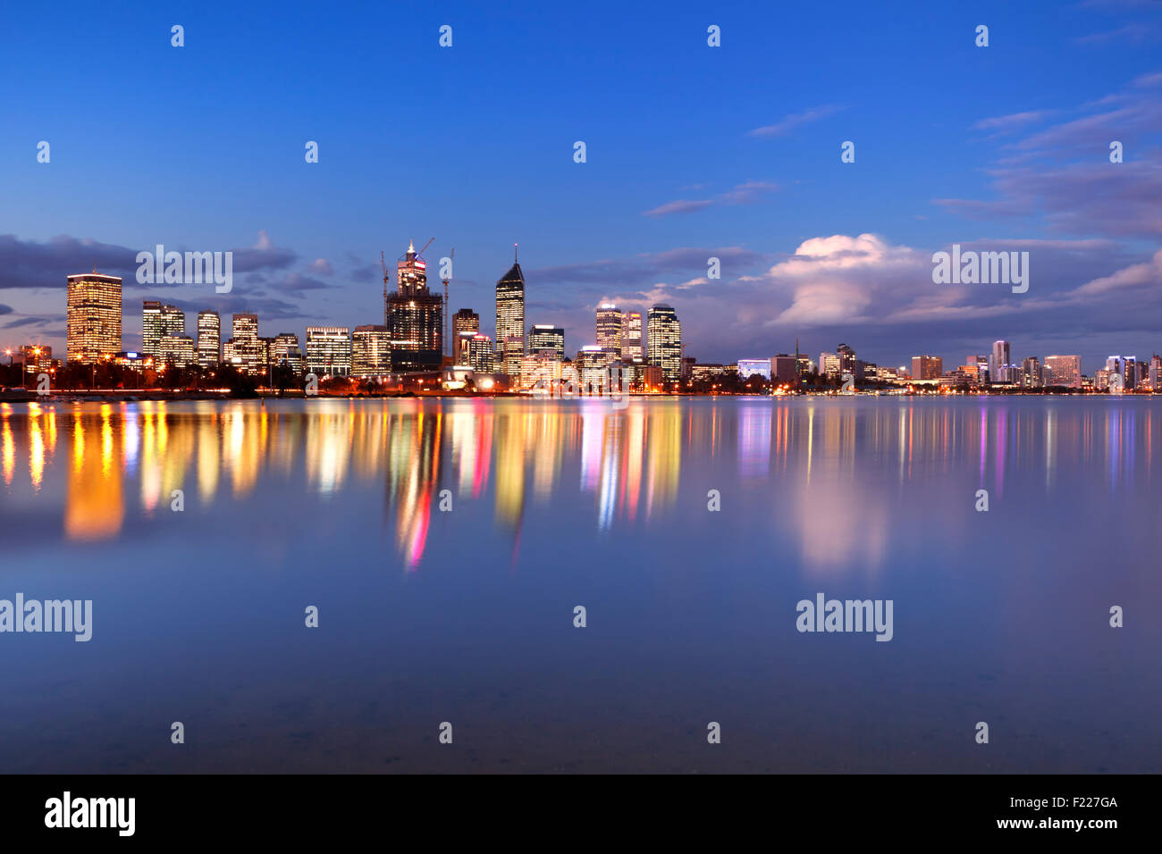 The skyline of Perth, Western Australia at night. Photographed from across the Swan River. Stock Photo