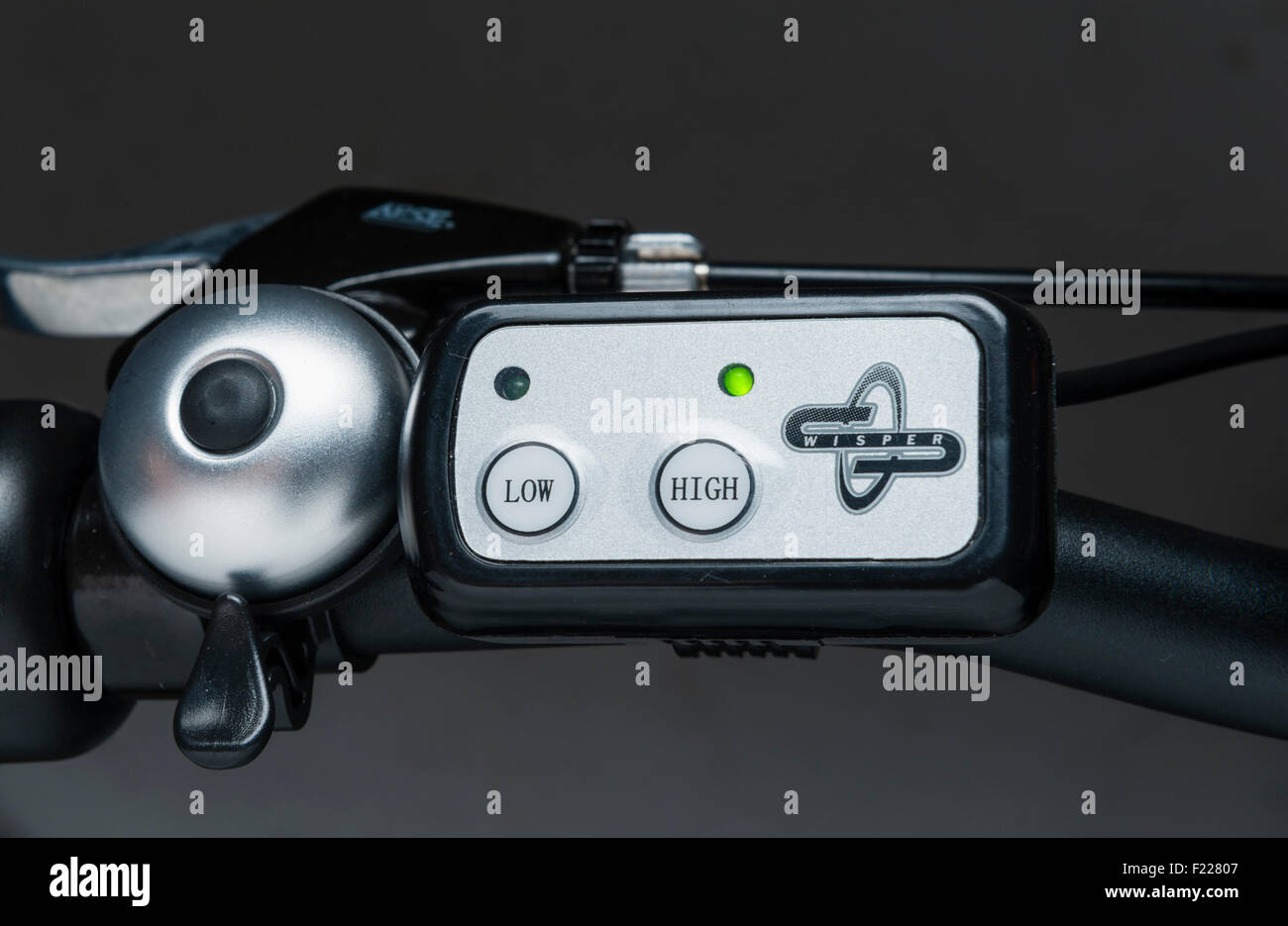 Wisper electric bike. Battery charge indicator on handlebar Stock Photo