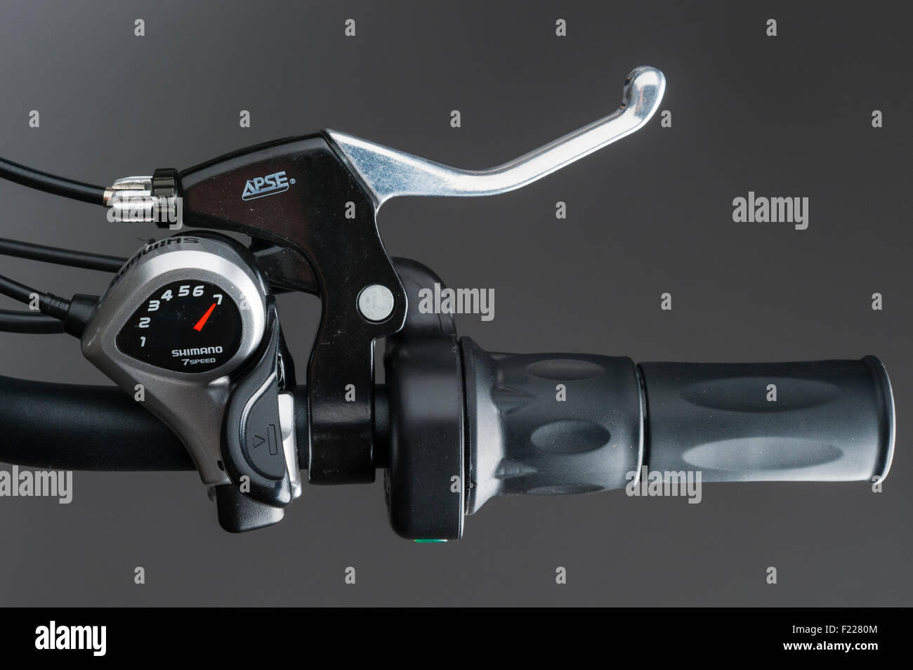 Wisper electric bike. Brake lever and Shimano 7 speed gear change Stock Photo