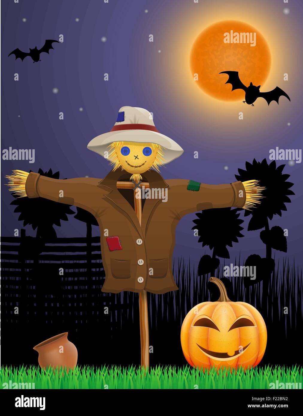 halloween pumpkin and scarecrow in the night sky vector illustration ...