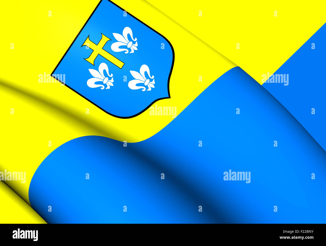 3D Flag of Uniejow, Poland. Close Up. Stock Photo