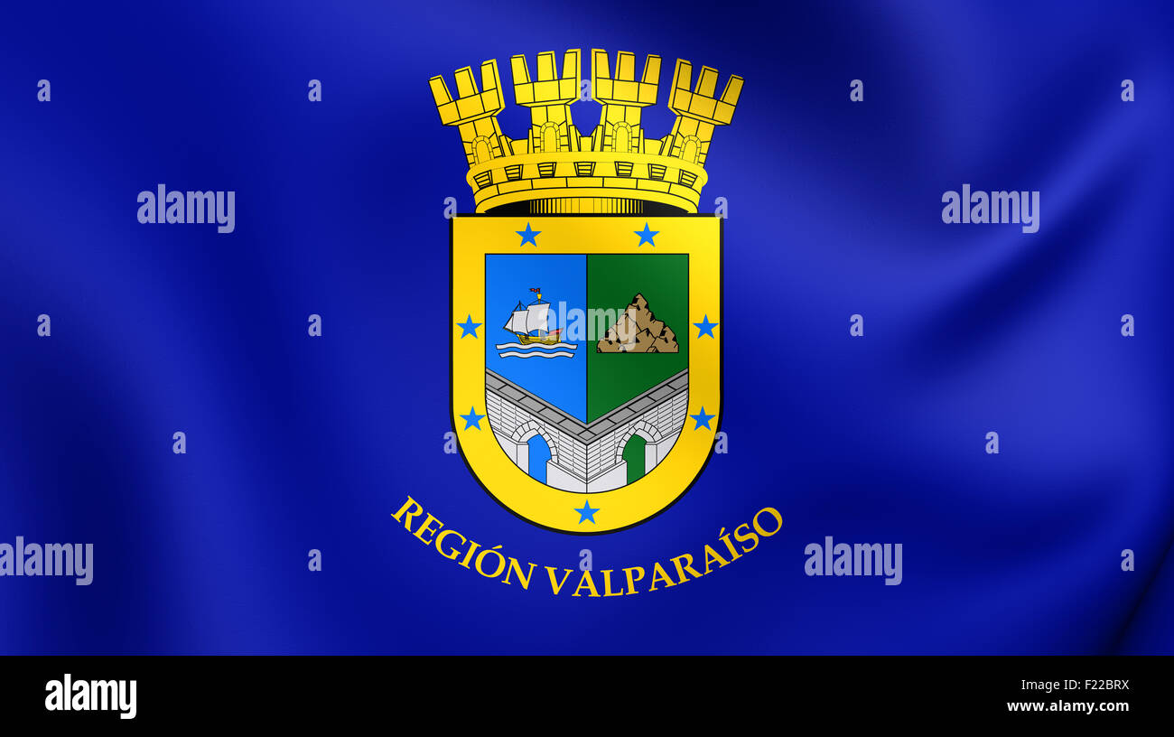 3D Flag of the Valparaiso Region, Chile. Close Up. Stock Photo