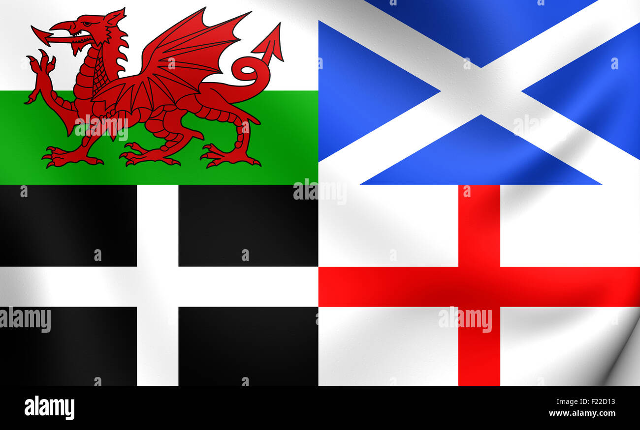 3D Flag of the Wales, Scotland, Cornwall and England. Close Up. Stock Photo