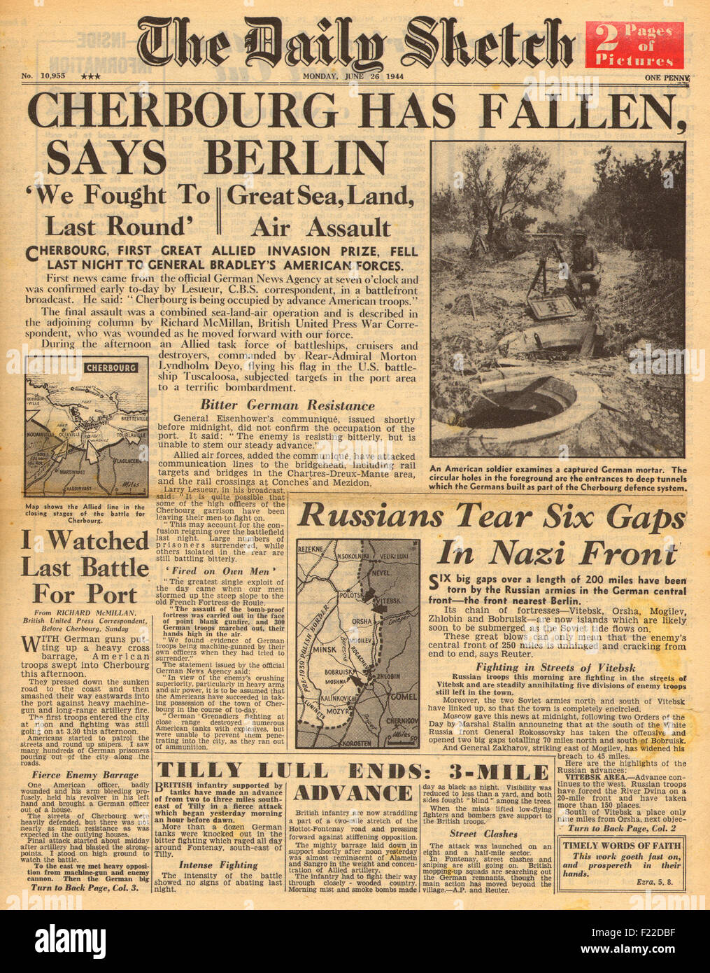 1944 Daily Sketch front page reporting  Cherbourg falls to Allied forces Stock Photo