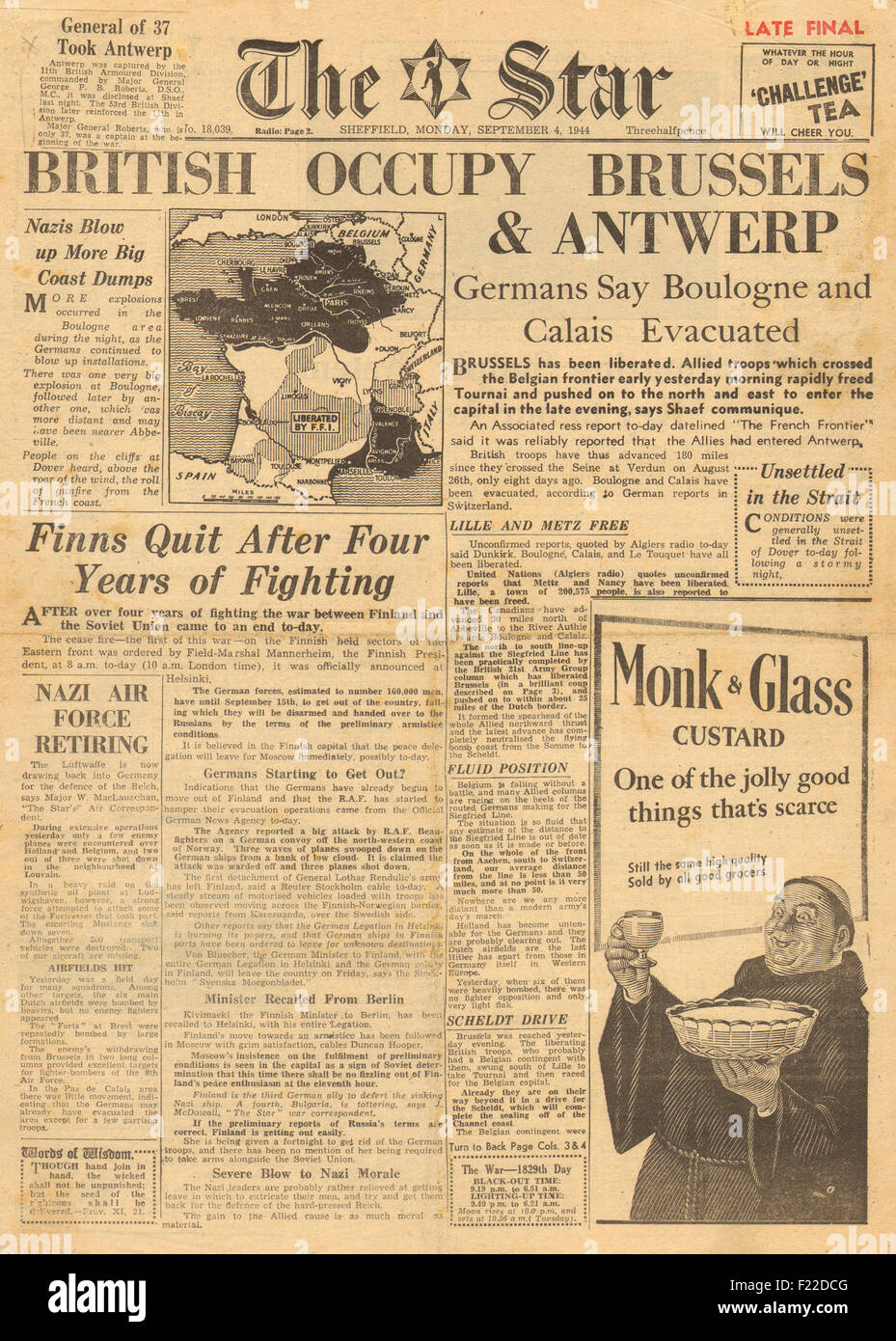 1944 The Star (Sheffield) front page reporting the British Army liberate Brussels and Antwerp Stock Photo