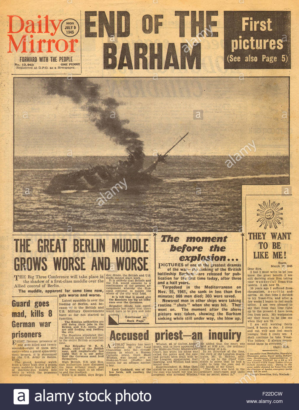 1945 Daily Mirror Front Page Reporting The Sinking Of Hms