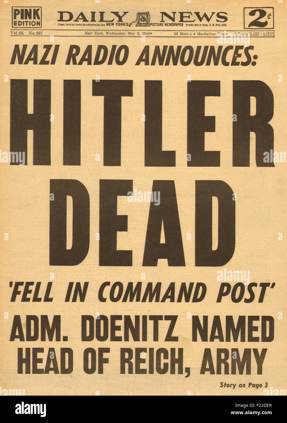 1945 Daily News (New York) front page reporting the death of Adolf Hitler Stock Photo