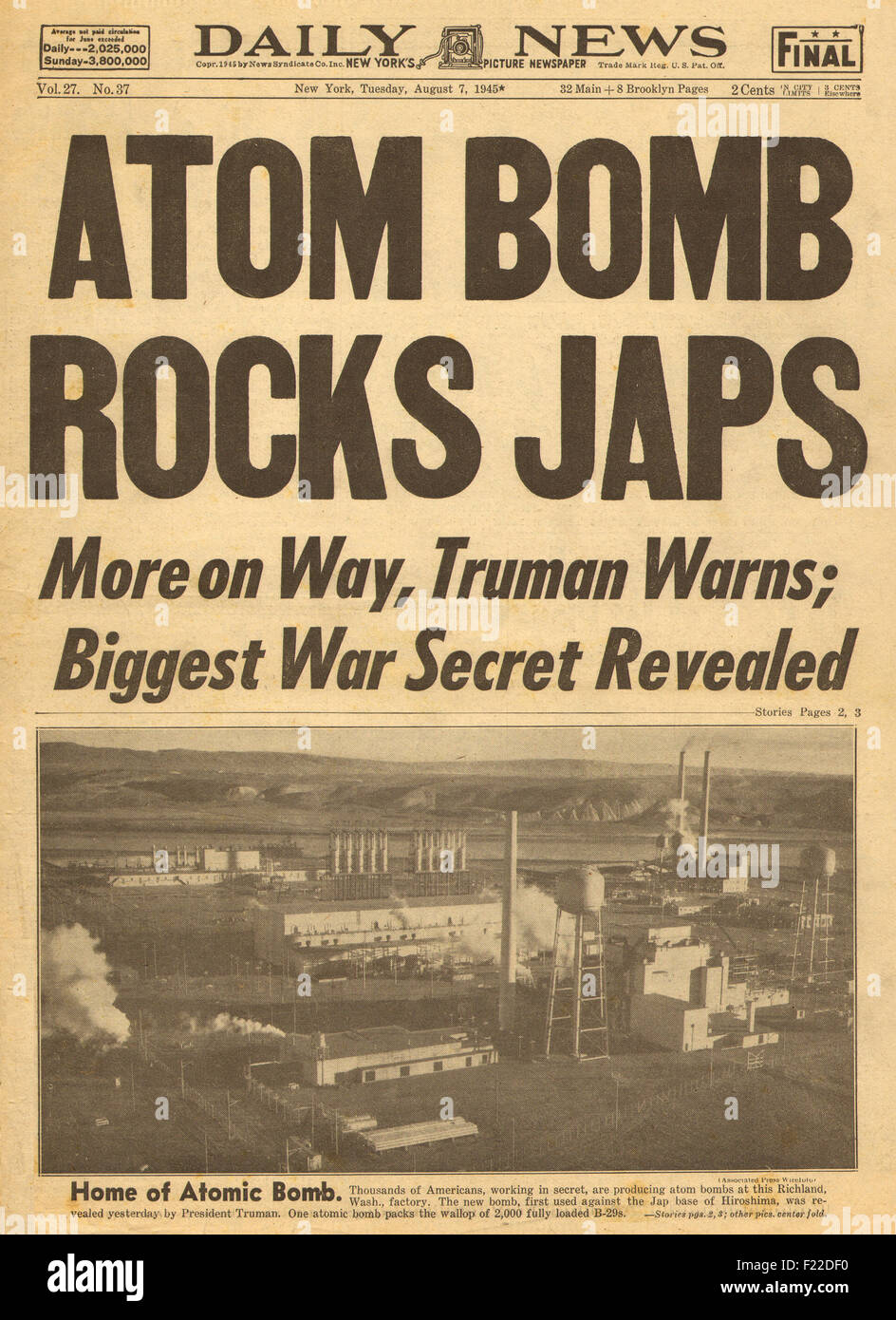 1945 Daily News (New York) front page reporting Atomic bomb dropped ...