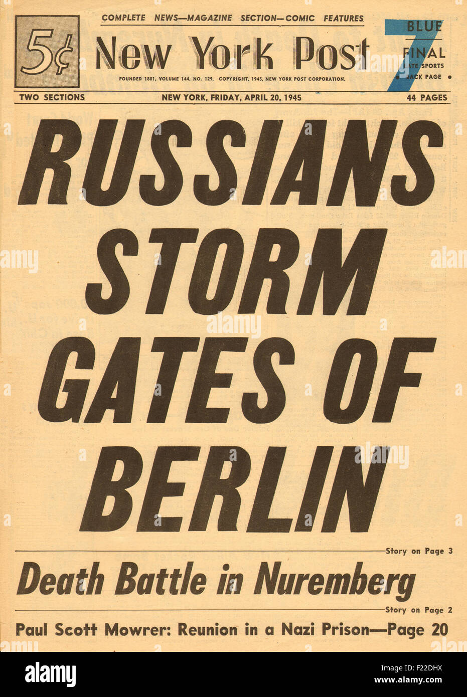 1945 New York Post front page reporting Russian Army enters Berlin Stock Photo