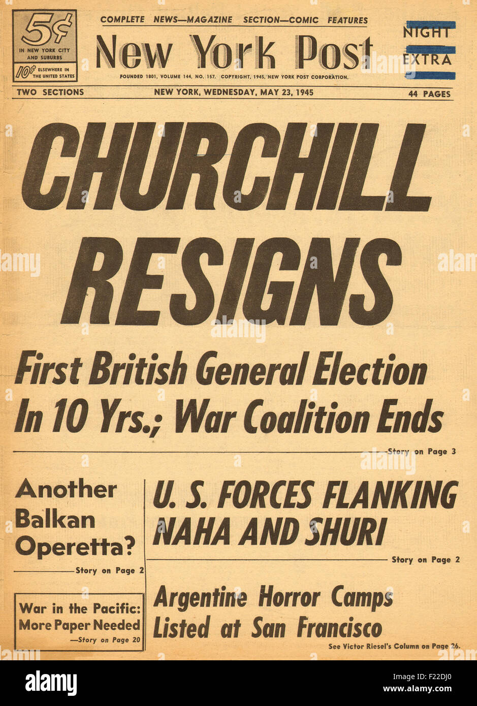 1945 New York Post front page reporting Winston Churchill resigns as Prime Minister Stock Photo