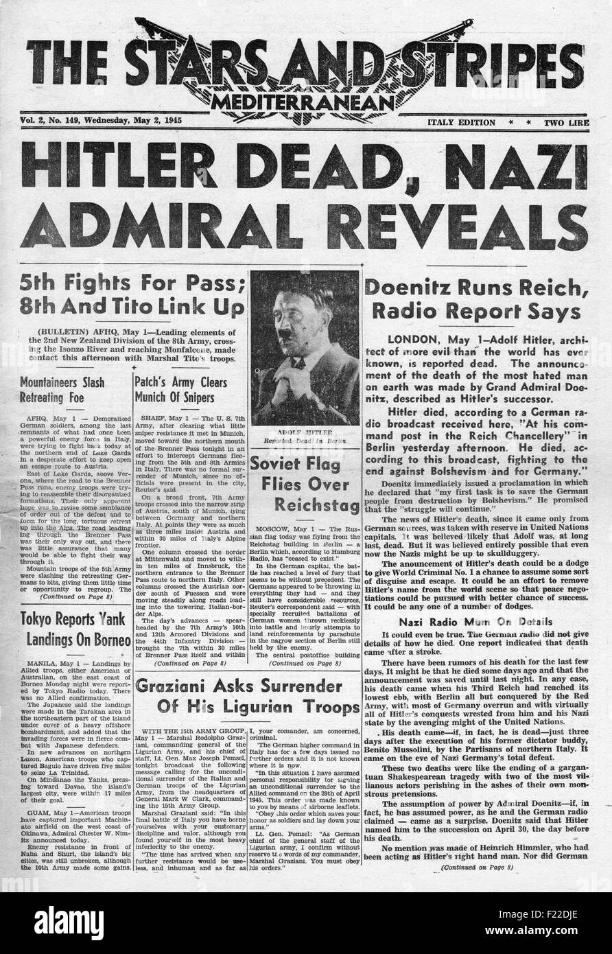 1945 Stars and Stripes front page reporting the death of Adolf Hitler Stock Photo