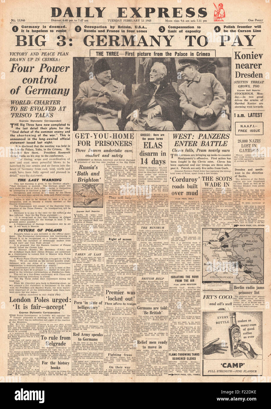1945 Daily Express front page reporting Churchill, Roosevelt and Stalin meet for Big Three Conference at Yalta Stock Photo