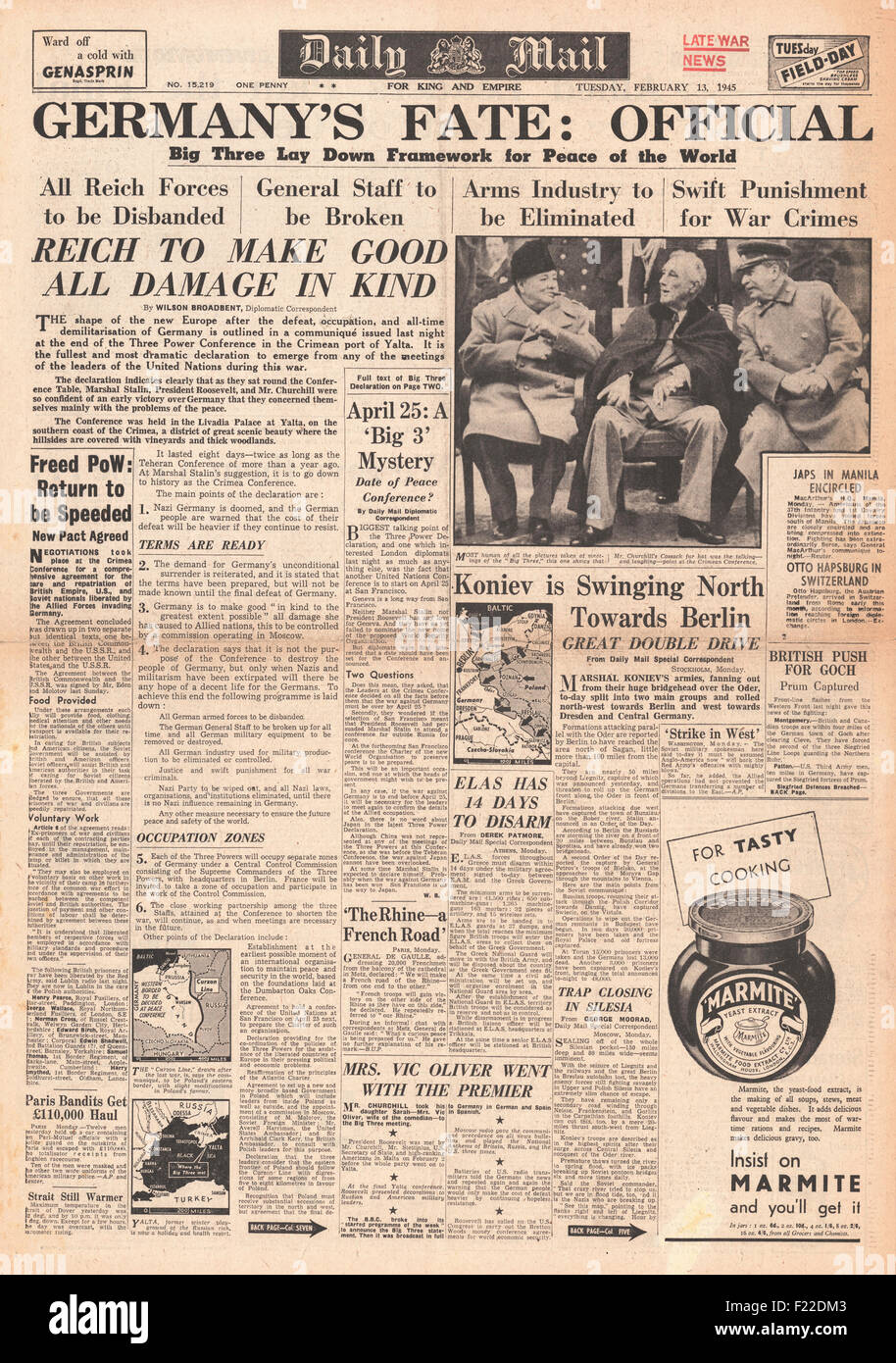 1945 Daily Mail front page reporting Churchill, Roosevelt and Stalin meet for Big Three Conference at Yalta Stock Photo