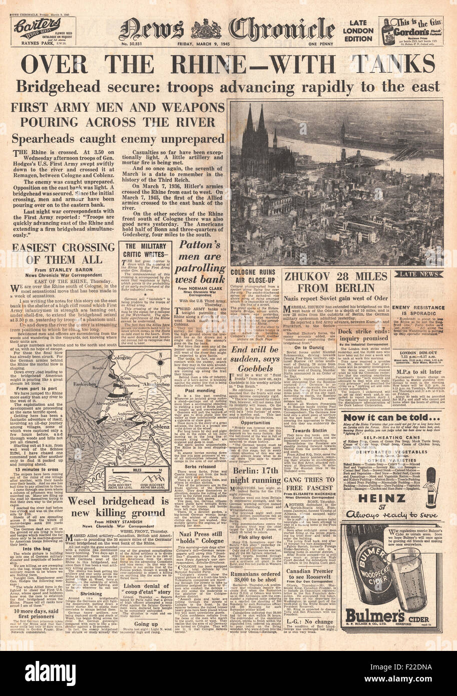 1945 News Chronicle Front Page Reporting US Army Cross The River Rhine 