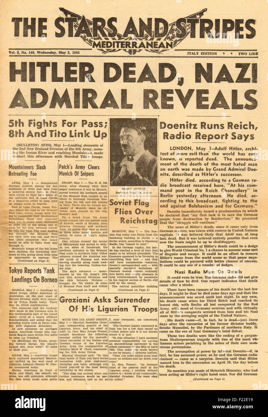 1945 Stars and Stripes front page reporting the death of Adolf Hitler and Karl Doenitz the new leader of Germany Stock Photo