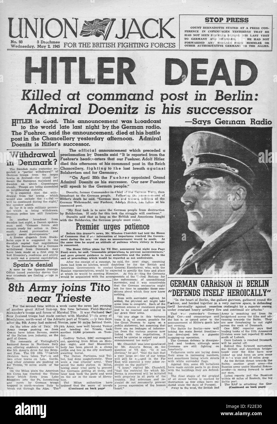 1945 Union Jack (British military newspaper) front page reporting the death of Adolf Hitler Stock Photo