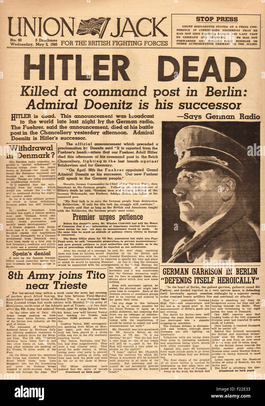 1945 Union Jack (British military newspaper) front page reporting the death of Adolf Hitler Stock Photo