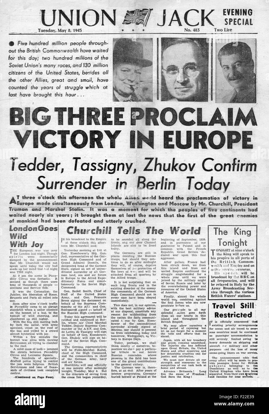 1945 Union Jack (British military newspaper) front page reporting VE Day Stock Photo