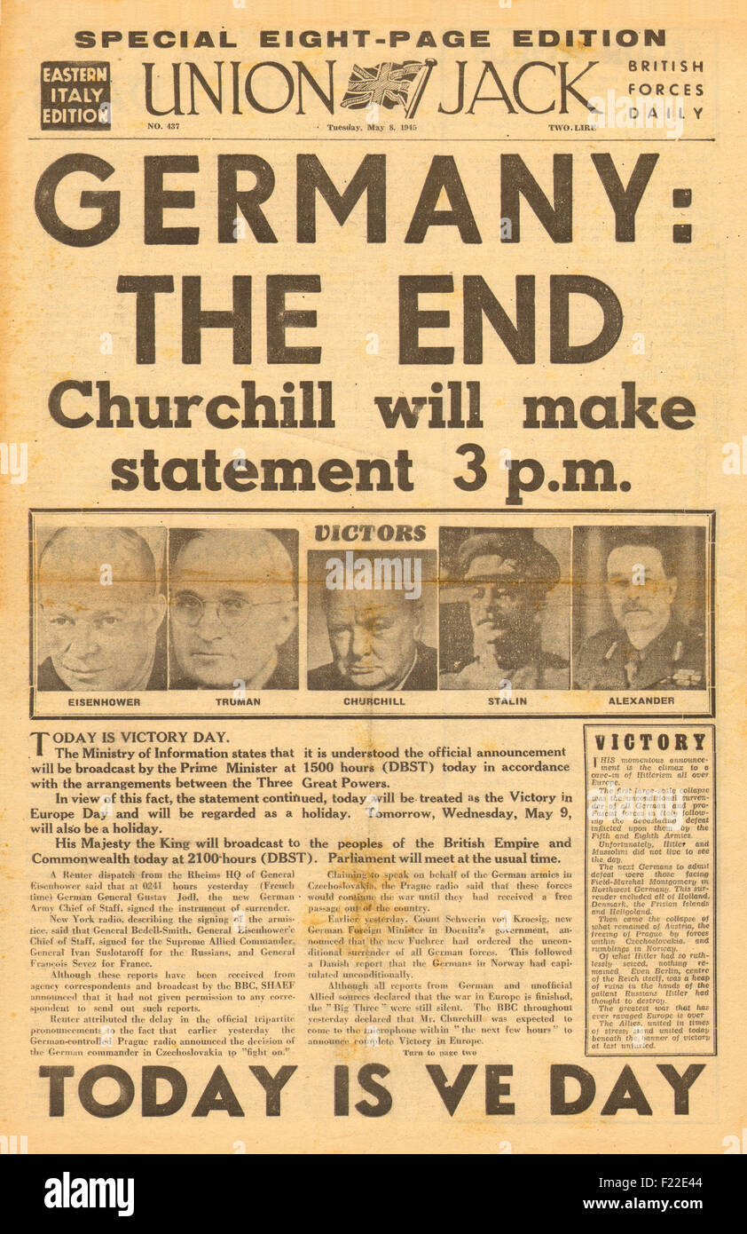 1945 Union Jack (British military newspaper) front page reporting VE