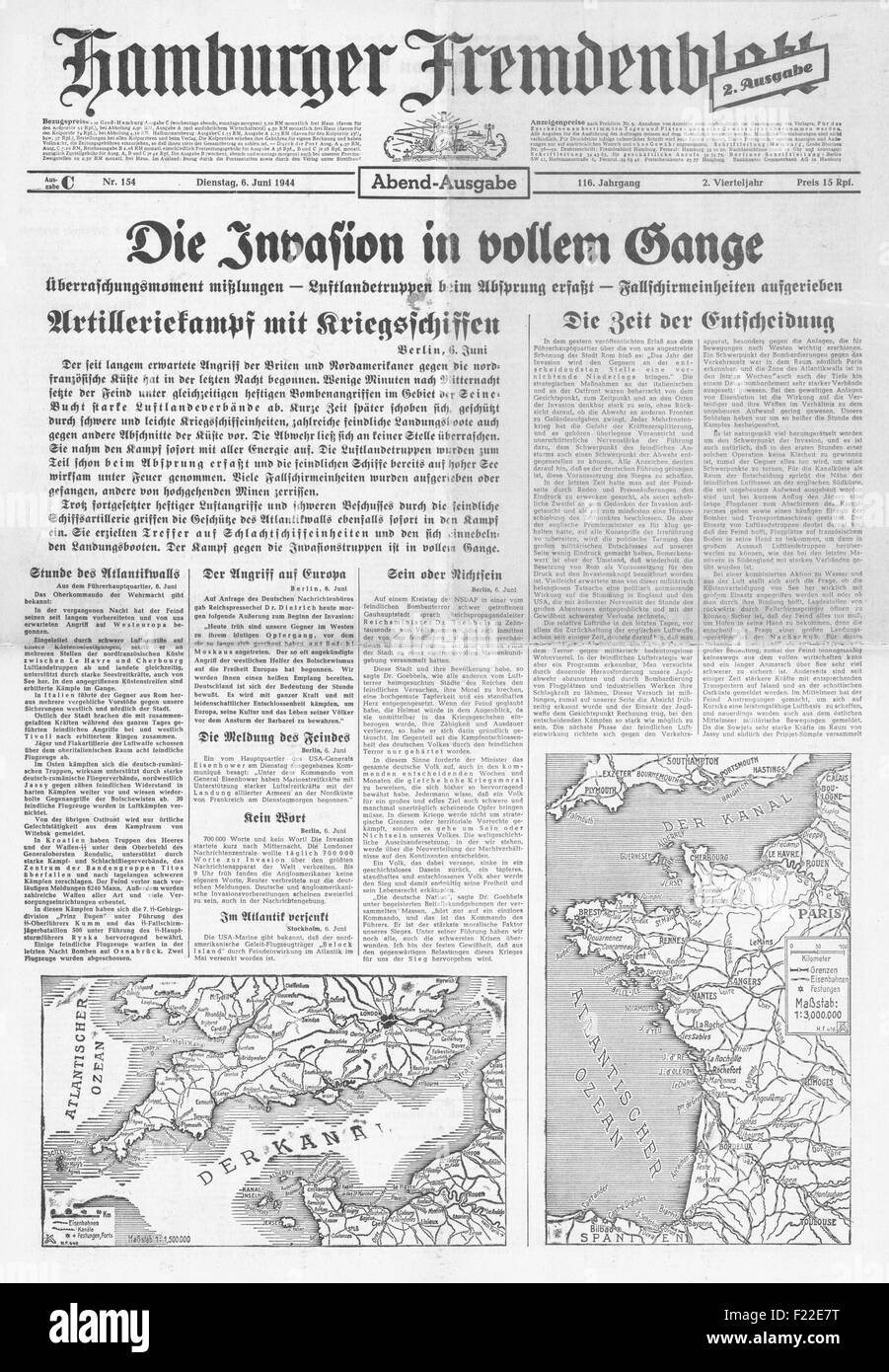 1944 Hamburger Fremdenblatt front page reporting D-Day landings of Allies at Normandy Stock Photo