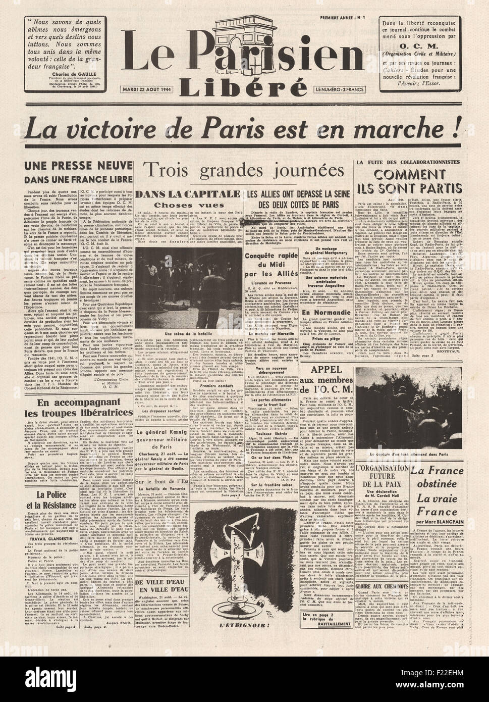 1944 Le Parisien front page reporting Allied Forces Liberate Paris