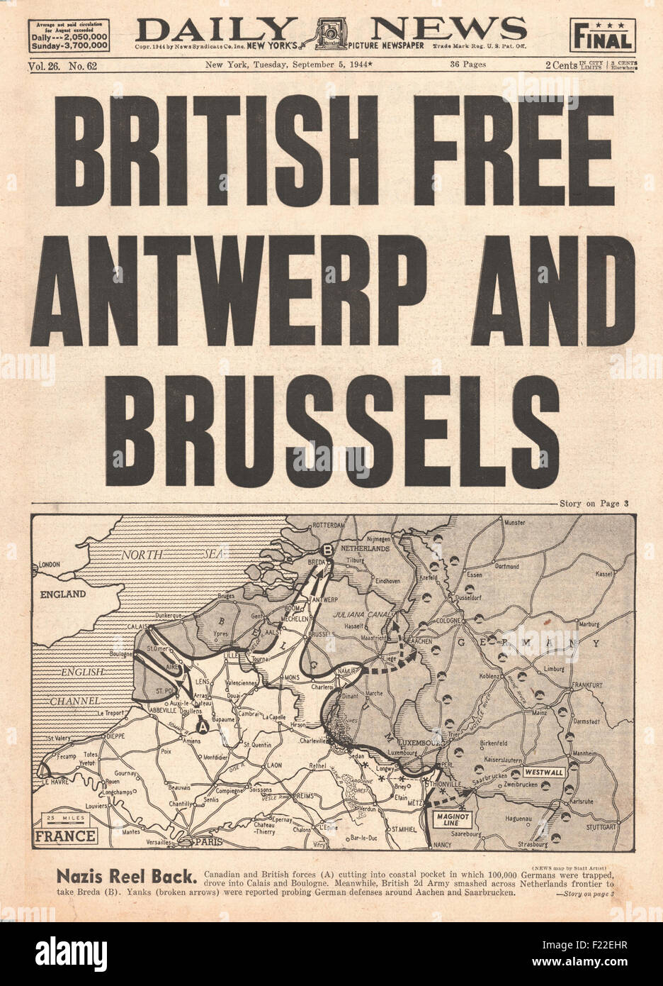 1944 Daily News (New York) front page reporting British Army liberate Brussels and Antwerp Stock Photo