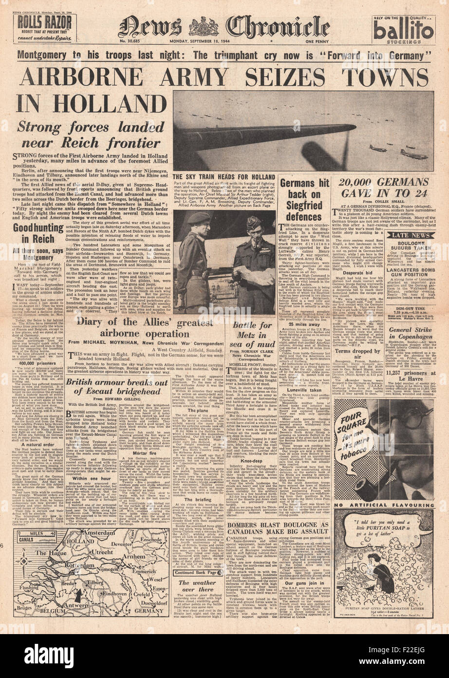 1944 News Chronicle front page reporting Allied Paratroopers land in Holland Stock Photo