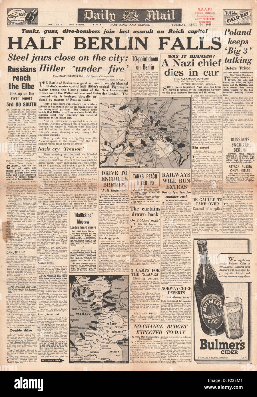 1945 Daily Mail Front Page Reporting Battle For Berlin Stock Photo Alamy
