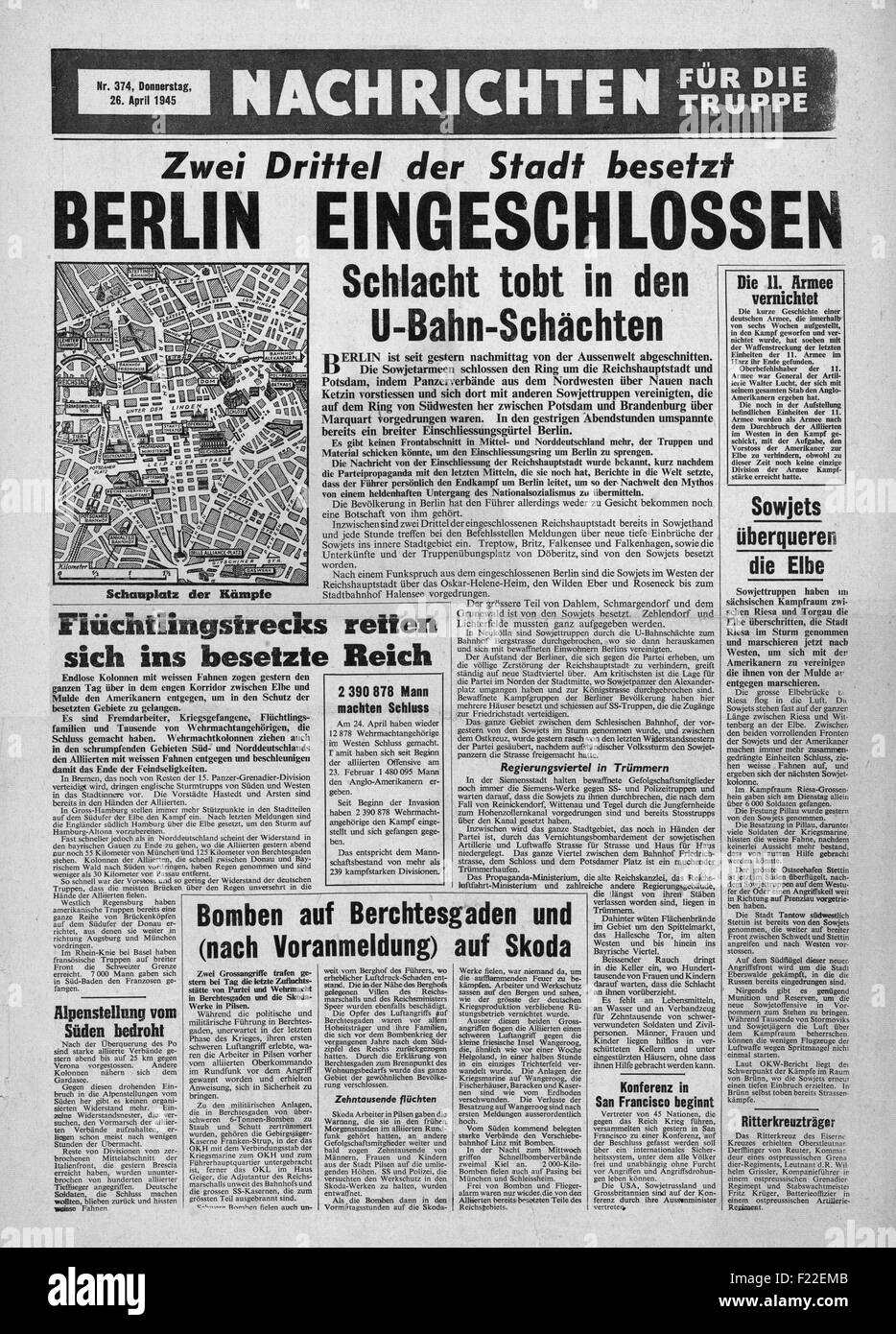 1945 Nachrichten für die Truppe front page reporting  Battle for Berlin Stock Photo