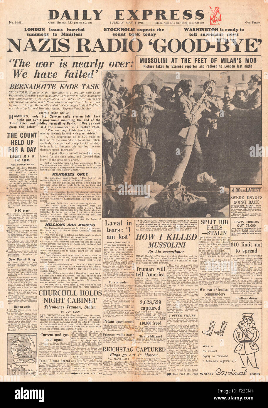 1945 Daily Express front page reporting  German Radio Concedes Defeat, Count Bernadotte makes Peace Negotiations and Mussolini's Body on Display in Milan Stock Photo