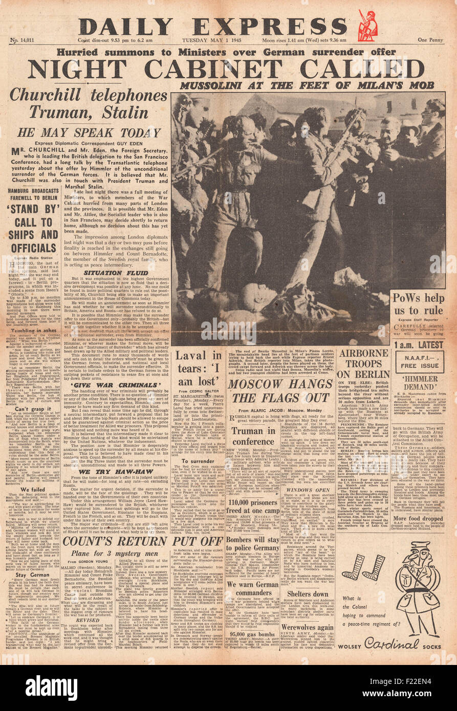 1945 Daily Express front page reporting  Churchill Telephones Truman and Stalin, Count Bernadotte makes Peace Negotiations and Mussolini's Body on Display in Milan Stock Photo