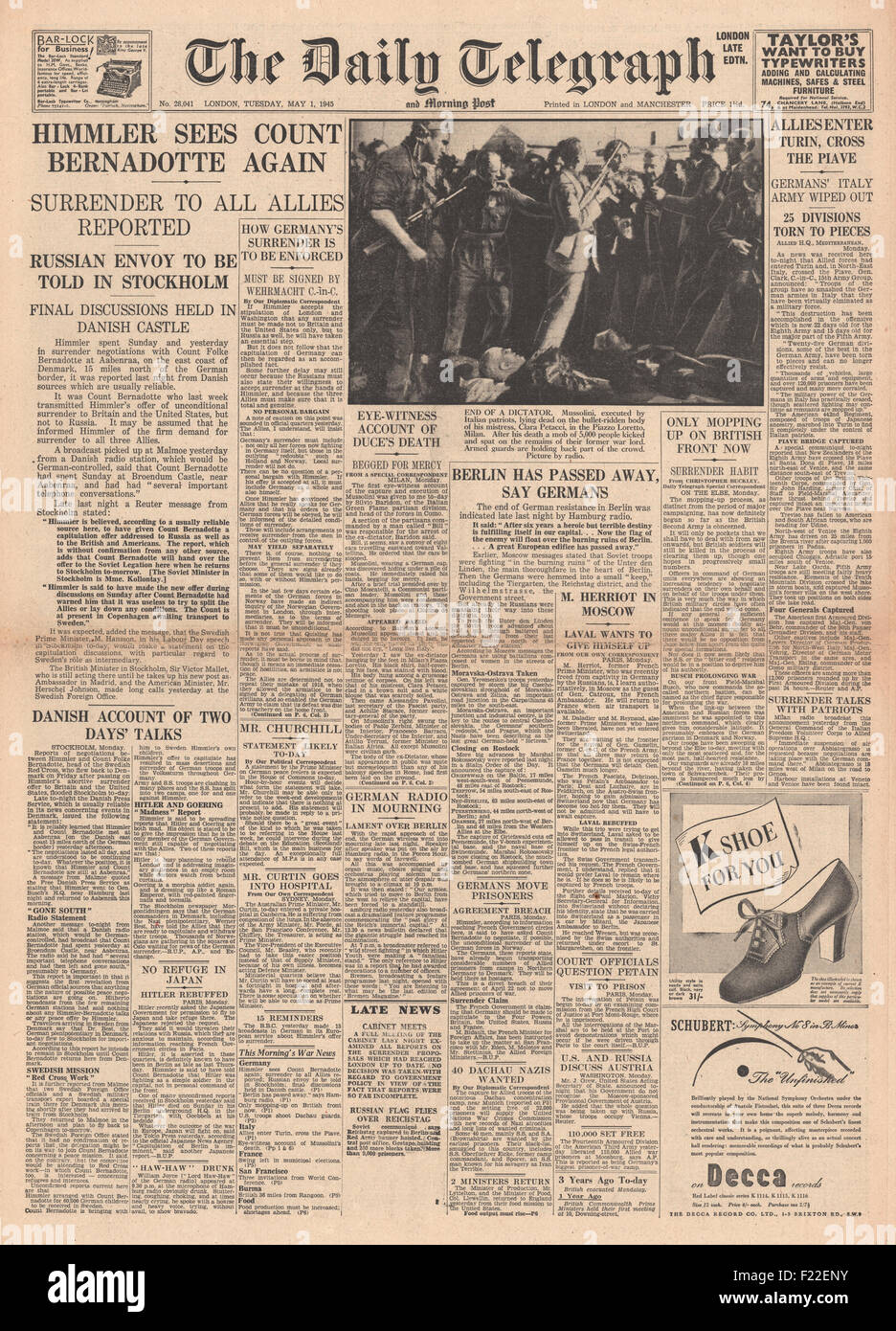 1945 Daily Telegraph front page reporting  Himmler in Peace Negotiations with Count Bernadotte and Mussolini's Body on Display in Milan Stock Photo