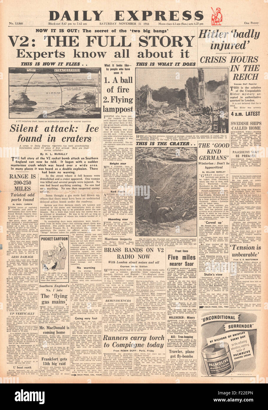 1944 Daily Express front page reporting V2 Rocket Launched Against England Stock Photo