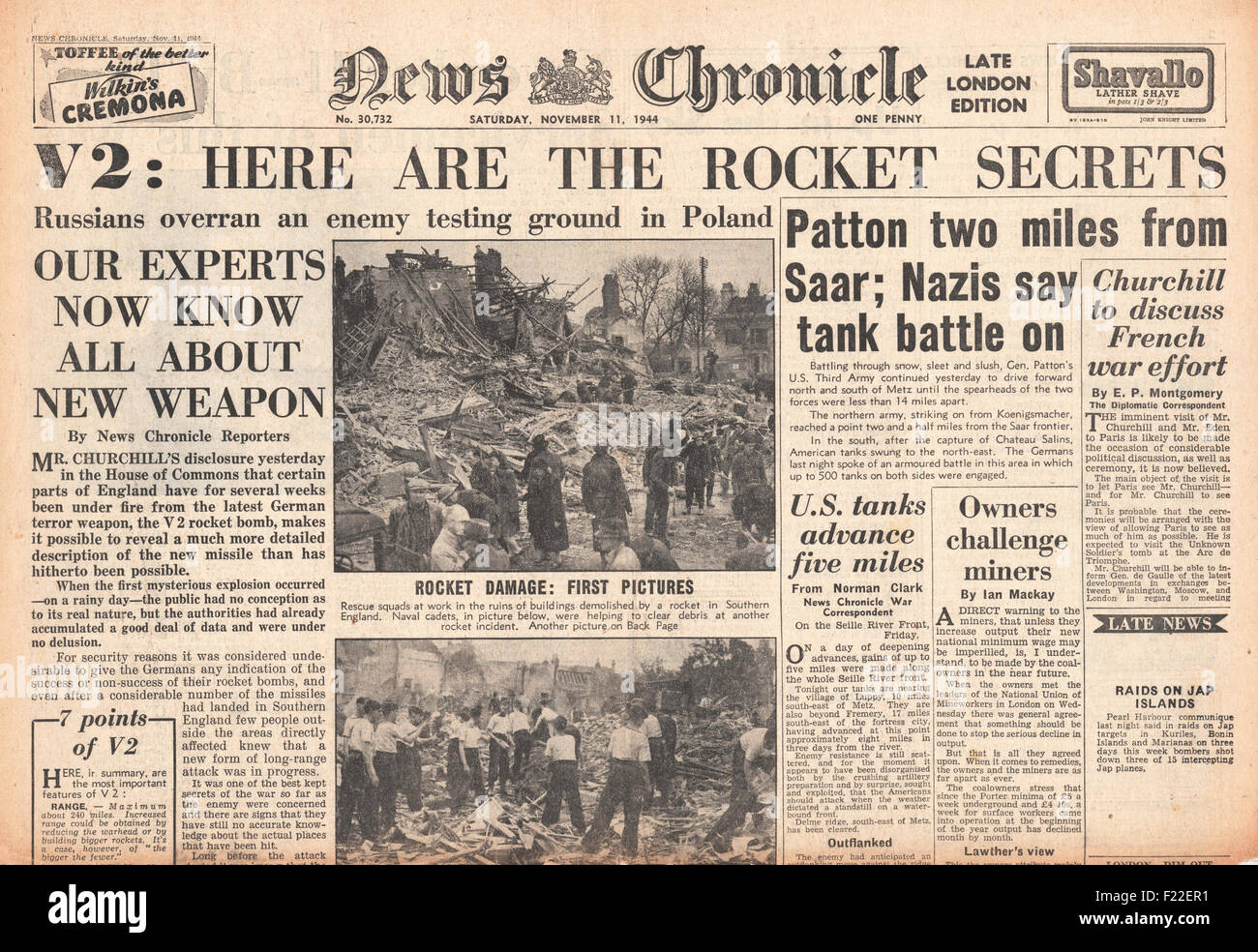 1944 Daily Chronicle front page reporting V2 Rocket Launched Against England Stock Photo