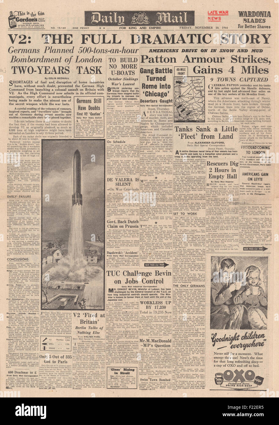 1944 Daily Mail front page reporting V2 Rocket Launched Against England Stock Photo
