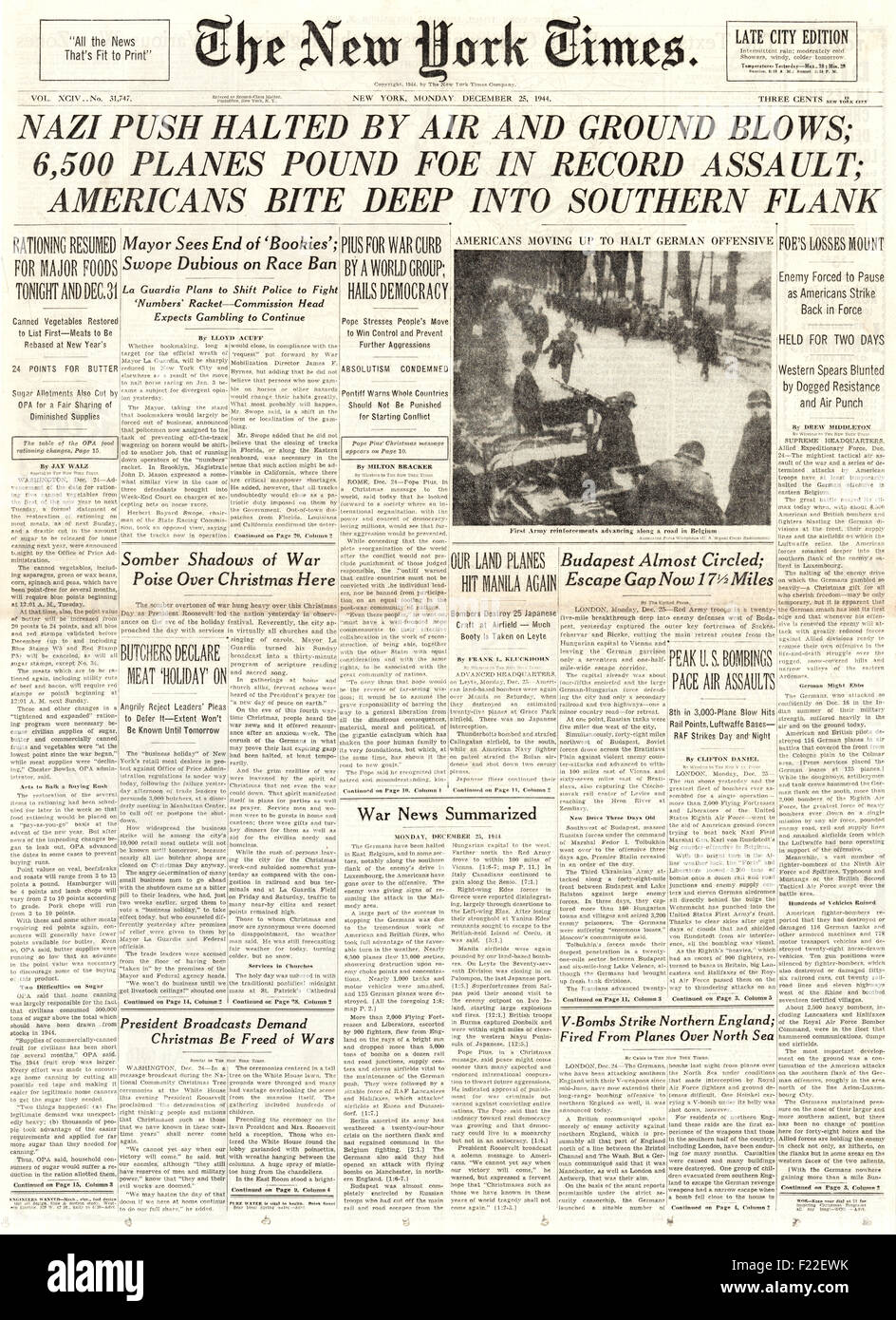 1944 New York Times front page reporting Battle of the Bulge Stock ...