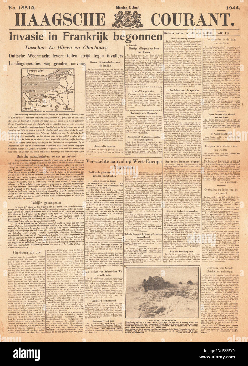1944 Haagsche Courant (Holland) front page reporting D-Day landings of Allies at Normandy Stock Photo