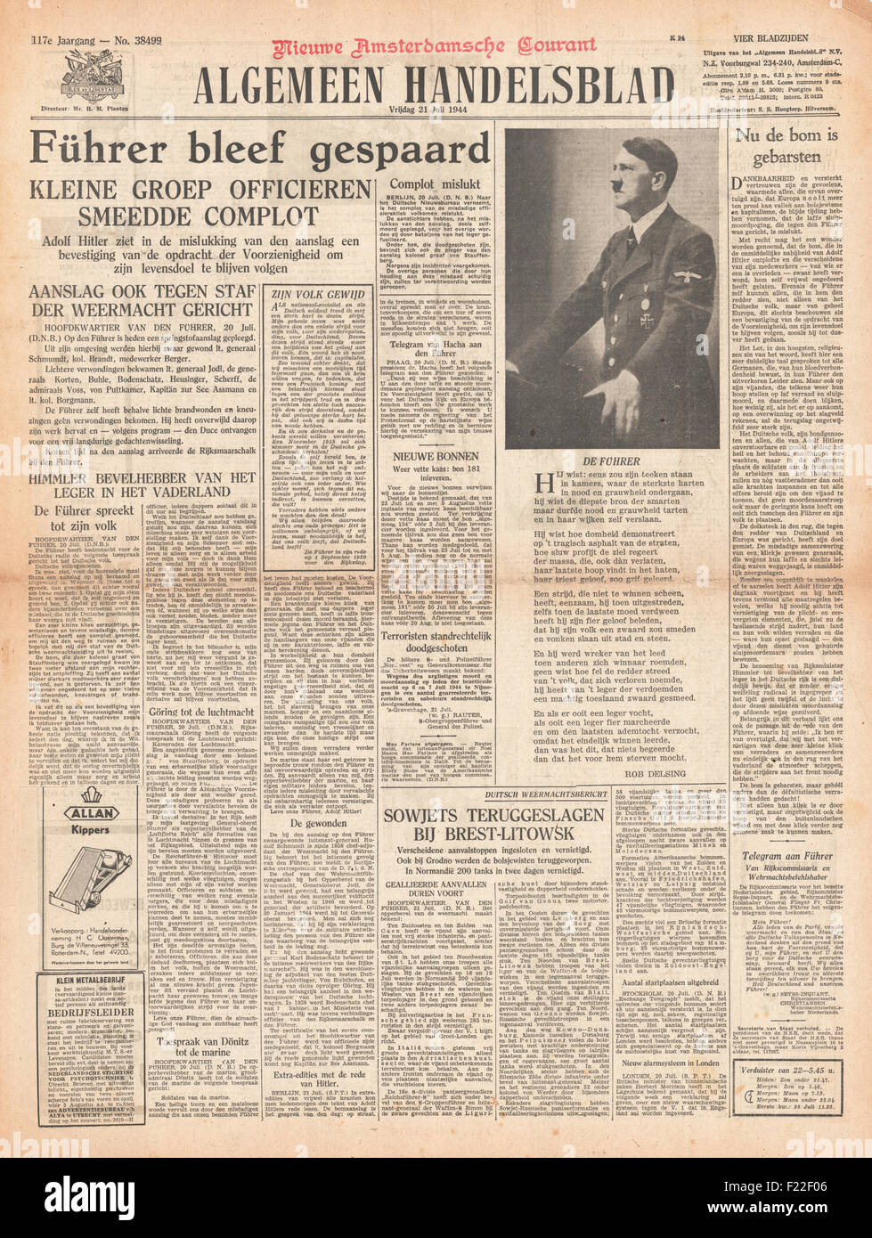 1944 Algemeen Handelsblad (Holland) front page reporting assassination attempt on Adolf Hitler Stock Photo