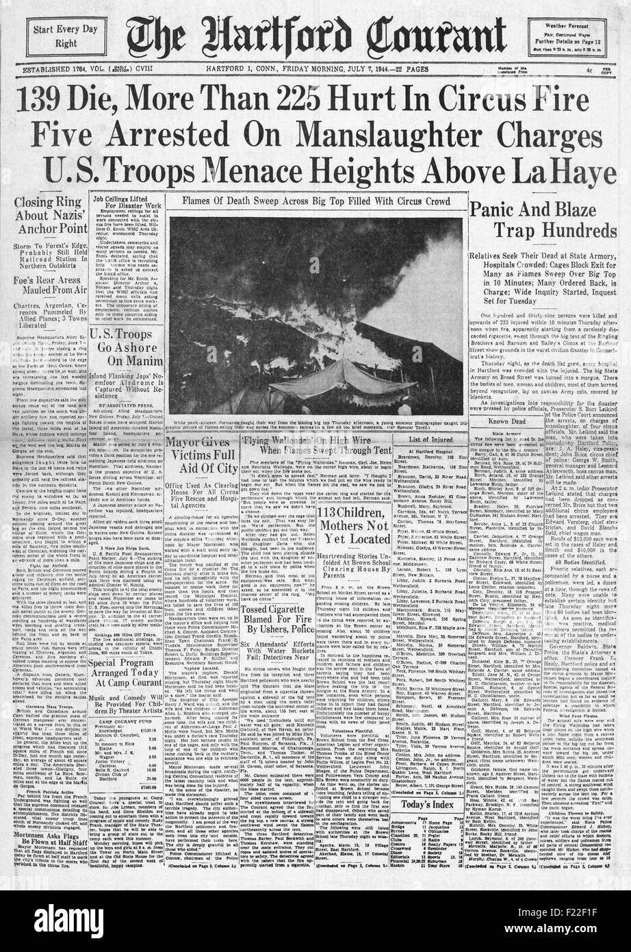 1944 The Hartford Courant front page reporting Hartford Circus Fire Disaster Stock Photo